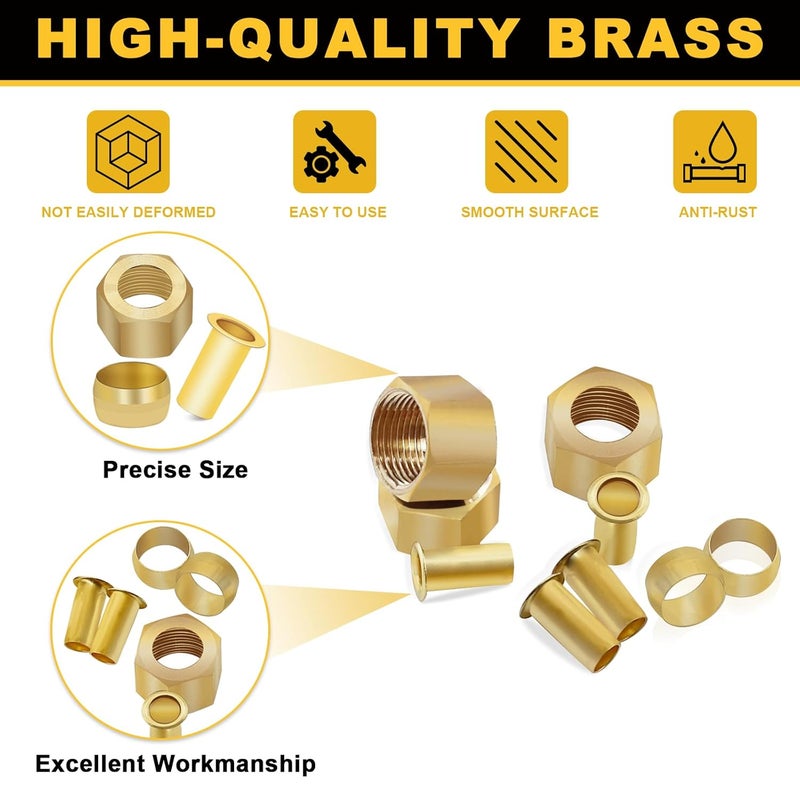 Siptenk 180PCS 1/4" Brass Compression Fittings Sleeves Ferrules Inserts Nuts Assortment Kit, Brass Ferrule Tubing Insert for Air Hose Lines - Image 3